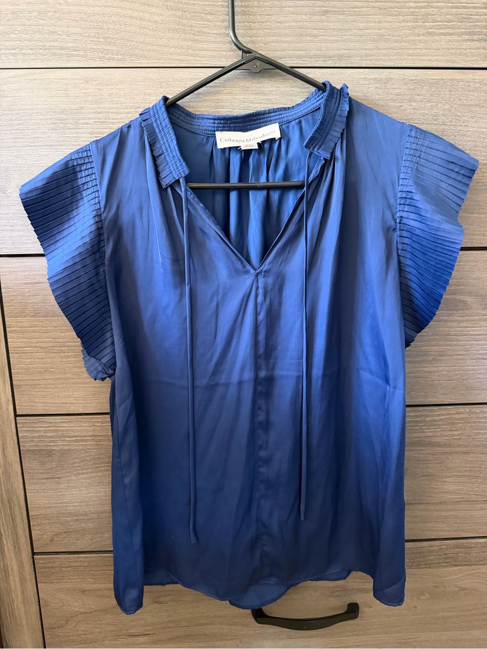 Catherine Malandrino Blue V-Neck Pleated Short Sleeve Blouse
